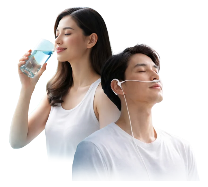 Asian couple enjoying molecular hydrogen wellness with hydrogen water and inhalation for daily vitality